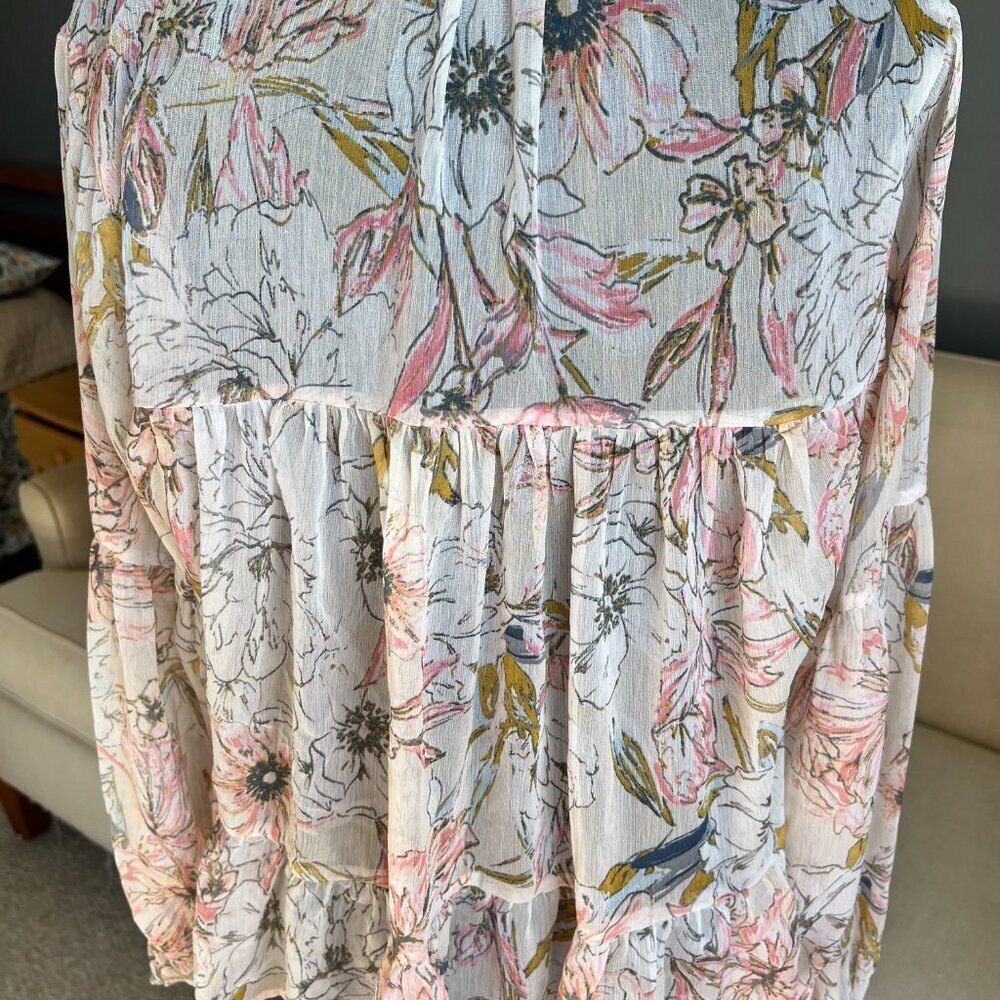 Lucky Brand White Floral Tie-Neck Peasant Blouse with Pink and Green Print - Picture 6 of 8